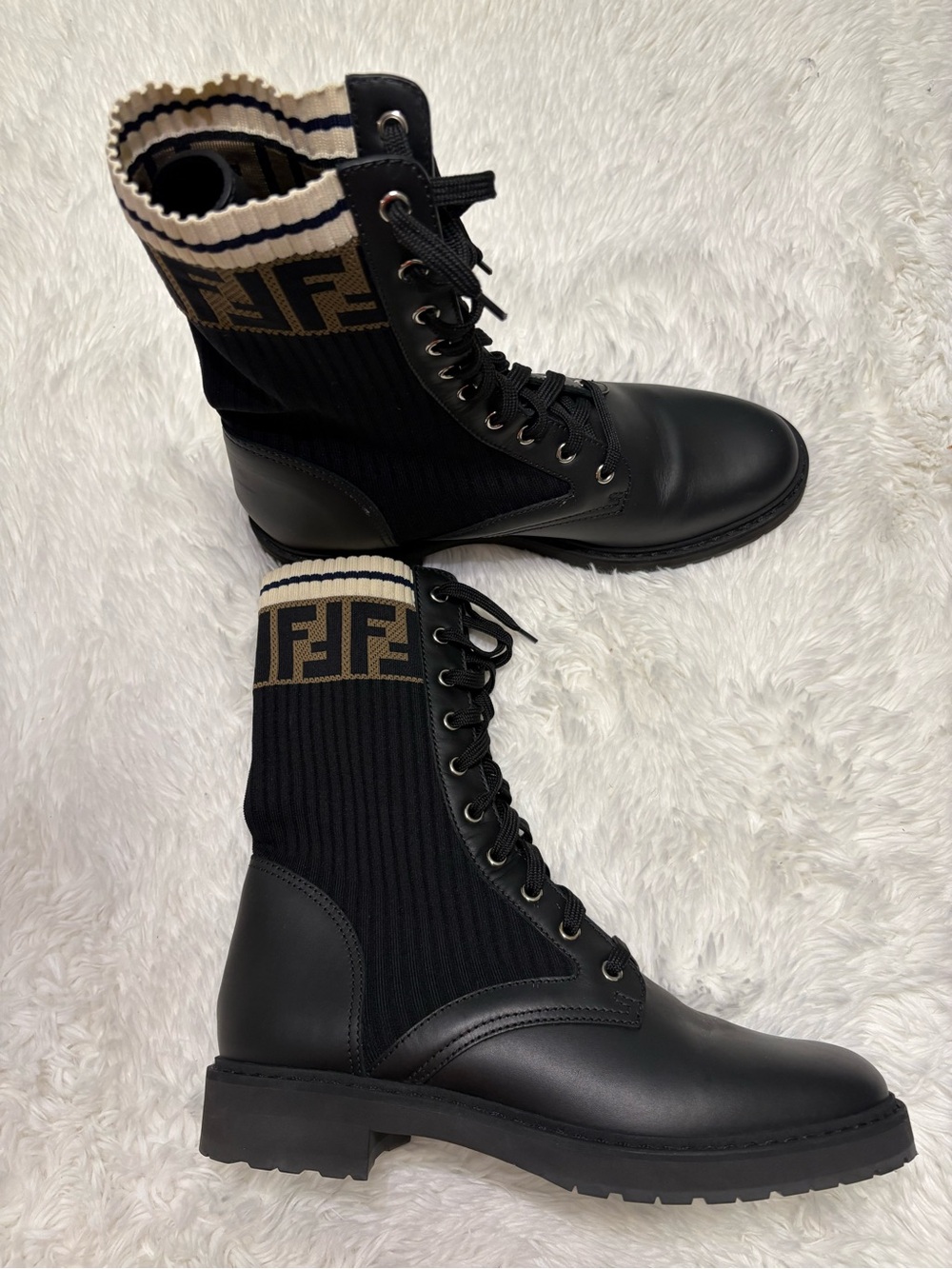 Fendi Black and Tan Knit-Top Combat Boots
